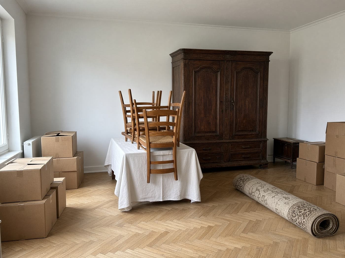Dasselbe Wohnzimmer vor der Entrümpelung, mit Kartons, Schrank und Teppich